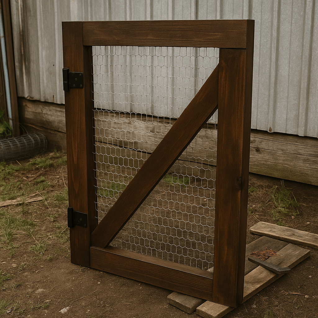simple farm gate built using wire mesh and stained with dark walnut stain and teak oil