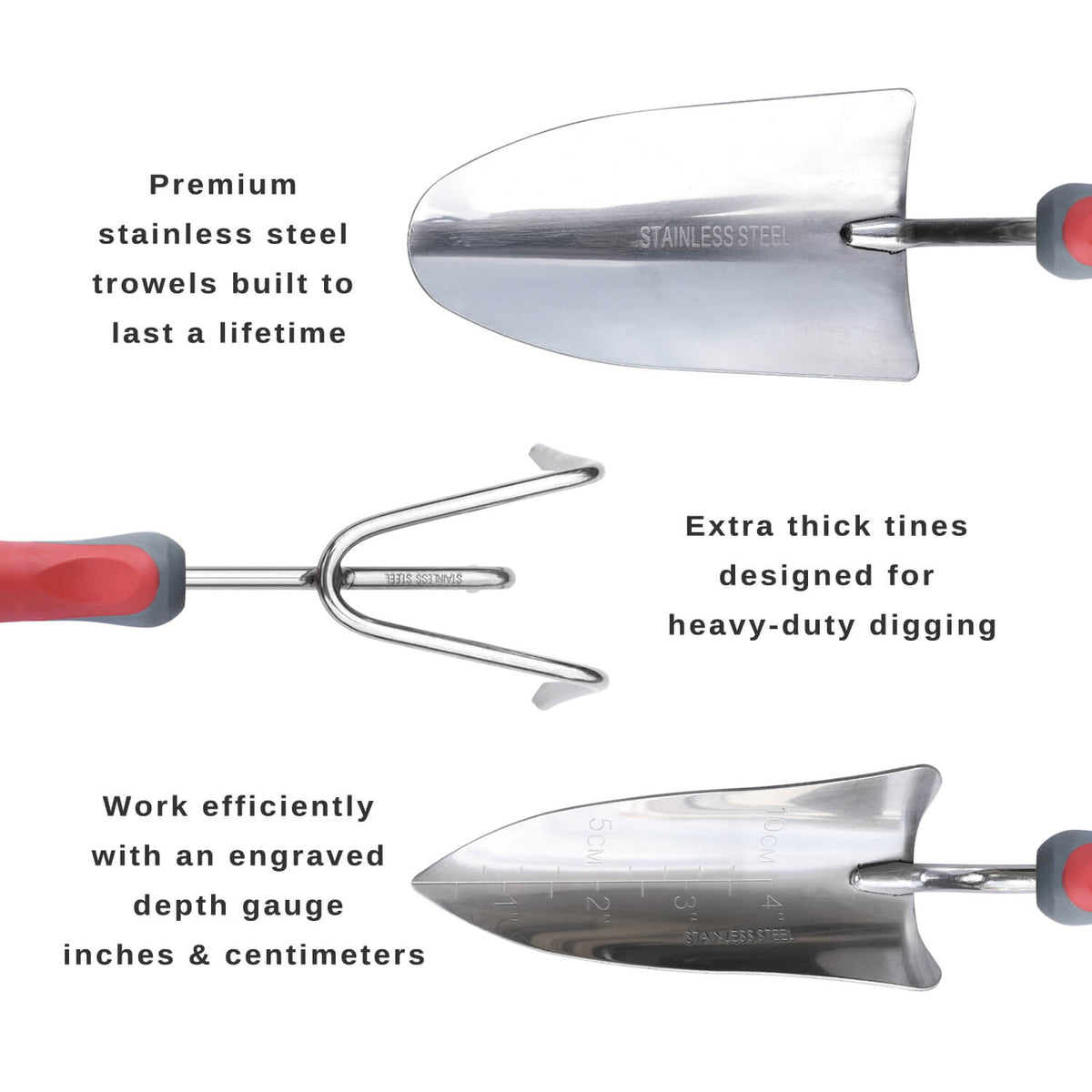 heavy duty stainless steel cultivator, trowel, and transplanter