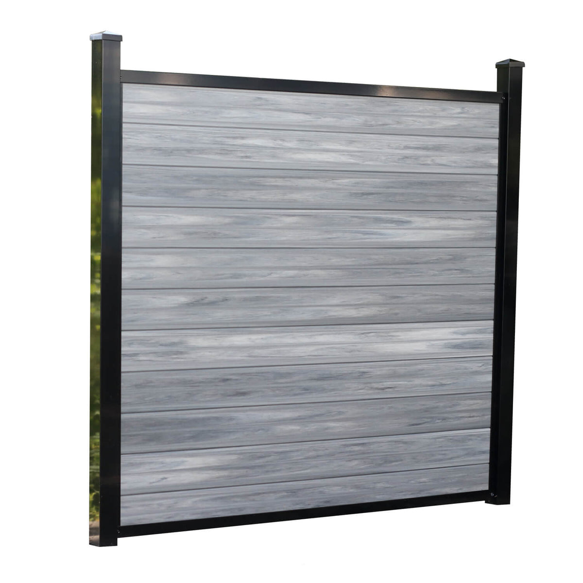 premium fence panel with an aluminum frame and composite fence board, white background
