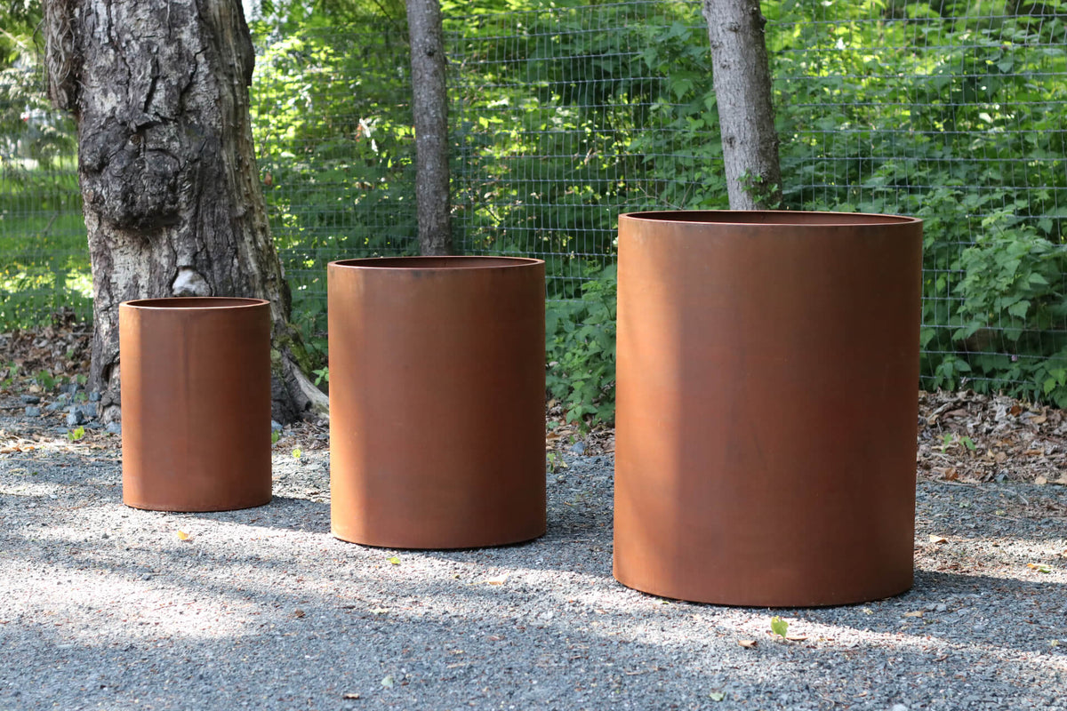 large round corten steel garden pots